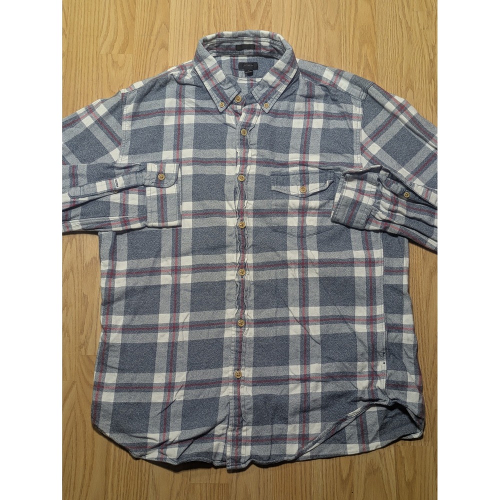 J.Crew Mens Slim Fit Plaid Flannel Button Down Shirt Blue White Red Large